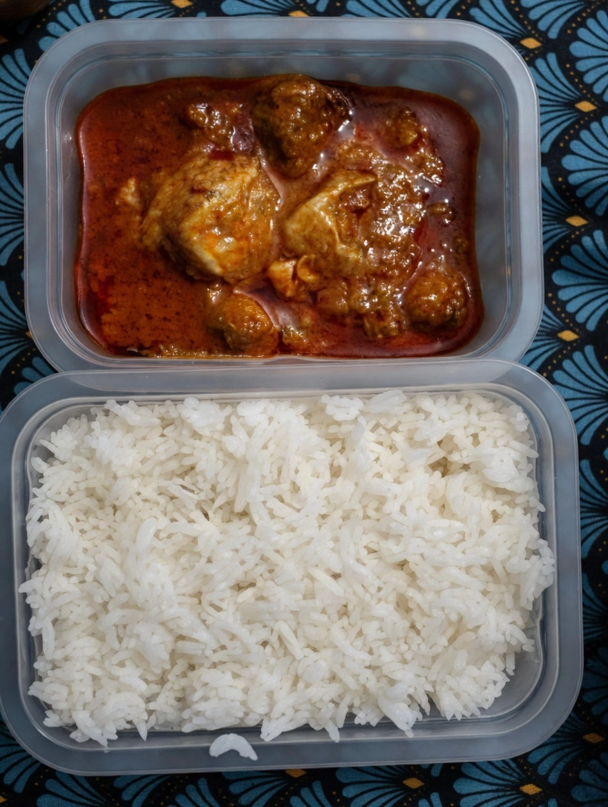 Curry de poulet rouge accompagné de riz blanc, plongée verticale